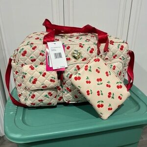 NWT Betsey Johnson Quilted Calla Weekender Duffel Bag &Pouch Cherry Print $118